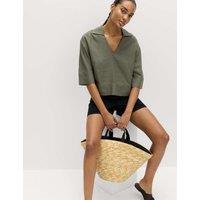 M&S Linen Rich Collared Crop Top Dark Khaki