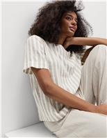 M&S Linen Rich Striped Relaxed T-Shirt Brown Mix
