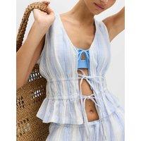 M&S Pure Cotton Striped Tie Front Beach Top Blue Mix