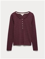 Cotton Rich Striped Long Sleeve Henley Top