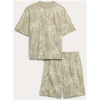 M&S 2 Piece Pure Cotton Patterned T-Shirt & Shorts Set (6-16 Yrs) Light Green