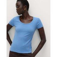 M&S Cotton Rich Scoop Neck Slim Fit T-Shirt Azure Blue