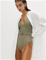 M&S Textured Belted Plunge Swimsuit Dark Khaki