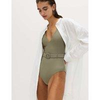 M&S Textured Belted Plunge Swimsuit Dark Khaki