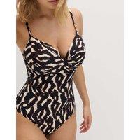 M&S Tummy Control Wired Twist Front Plunge Swimsuit (D-F) Brown Mix