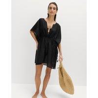 M&S Pure Cotton Tie Detail Mini Kaftan Dress Black