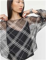 Checked Sheer Slash Neck Blouse