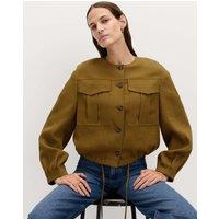 M&S Collarless Utility Jacket With Linen Moss