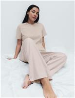M&S Pure Cotton Pyjama Set With Woven Bottoms Pink Mix