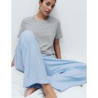 M&S Pure Cotton Pyjama Set With Woven Bottoms Grey Mix