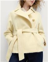 Brushed Belted Collared Short Coat with Wool