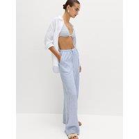 M&S Linen Blend Wide Leg Trousers Blue Mix