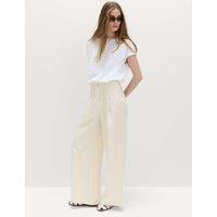 M&S Single Pleat Wide Leg Trousers with Linen Ivory