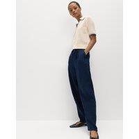 M&S Pure Linen Pleat Front Belted Tapered Trousers Navy
