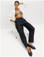 Pure Linen Pleat Front Belted Tapered Trousers