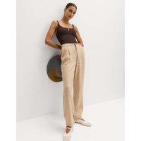 M&S Pure Linen Pleat Front Belted Tapered Trousers Sandstone