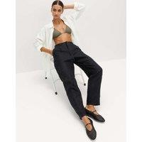 M&S Pure Linen Pleat Front Belted Tapered Trousers Black