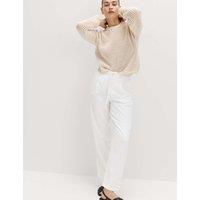 M&S Pure Linen Pleat Front Belted Tapered Trousers White