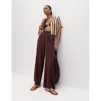 M&S Linen Rich Drawstring Wide Leg Trousers Brown