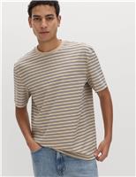 M&S Relaxed Fit Cotton Rich Stripe T-Shirt Sand