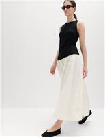 Cotton Blend Contrast Midi Drop Waist Dress