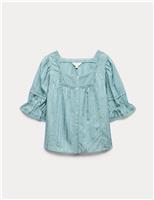 Cotton Rich Embroidered Square Neck Lace Detail Blouse