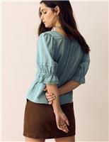 Cotton Rich Embroidered Square Neck Lace Detail Blouse