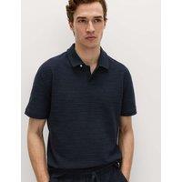M&S Cotton Rich Notch Neck Boucle Polo Shirt Navy