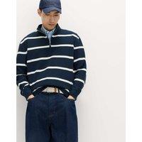 M&S Cotton Rich Waffle Striped Half Zip Sweatshirt Navy