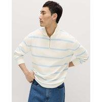 M&S Cotton Rich Waffle Striped Half Zip Sweatshirt Ecru