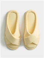 M&S Striped Crossover Strap Open Toe Slippers Yellow