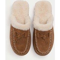 M&S Suede Faux Fur Lined Stitch Detail Clog Slippers Chestnut