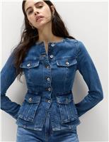 Denim Collarless Fitted Utility Jacket