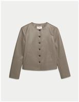 Faux Leather Collarless Jacket