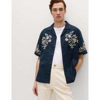 M&S Relaxed Fit Cotton Rich Embroidered Short Sleeve Shirt Navy Mix