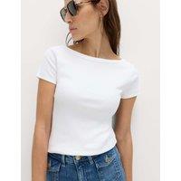 M&S Cotton Rich Ribbed Slash Neck T-Shirt Soft White