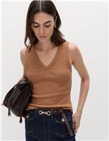 M&S Cotton Rich Ribbed V-Neck Vest Truffle