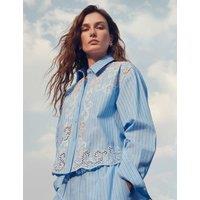 M&S Pure Cotton Embroidered Striped Shirt Blue Mix