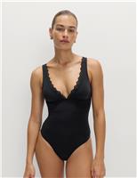 M&S Sculpt Broderie Trim Plunge Swimsuit Lacquer Red