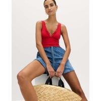 M&S Sculpt Broderie Trim Plunge Swimsuit Lacquer Red