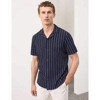 Autograph Striped Crinkle Seersucker Short Sleeve Shirt Dark Navy Mix