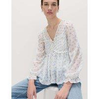 M&S V-Neck Ruffle Detail Long Sleeve Blouse White Mix