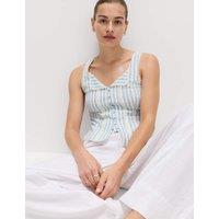 M&S Linen Rich Lace Insert Top Blue Mix