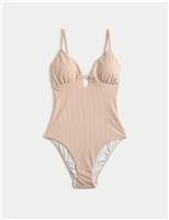 Striped Textured Ring Detail Plunge Swimsuit