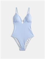 Striped Textured Ring Detail Plunge Swimsuit