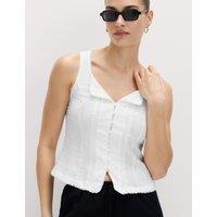 M&S Linen Rich Lace Insert Button Detail Blouse White