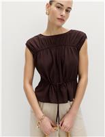 M&S Ruched Scoop Neck Regular Fit Top with Linen Ivory