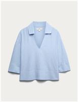 M&S Linen Rich Collared V-Neck Popover Top Chambray