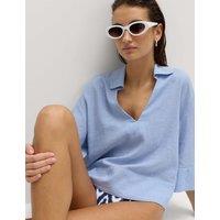 M&S Linen Rich Collared V-Neck Popover Top Chambray