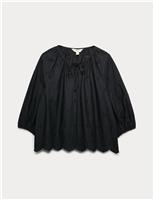 Pure Cotton Broderie Tie Neck Blouse
